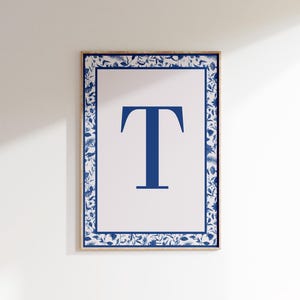 Letter T Print Monogram Initial Blue Typography Art Aesthetic Bedroom ...