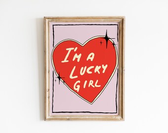 Lucky Girl Typography Print 70s Poster Psychedelic Print Funky Wall Decor Aesthetic Print Trippy Wall Art Trendy Wall Art