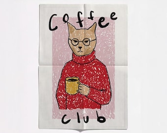 Whimsical Cat Coffee Print: Funny Kitchen Art (Digital Download