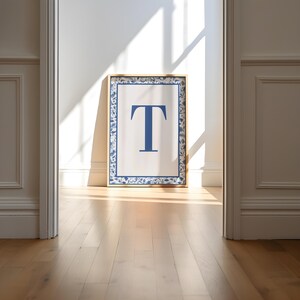 Letter T Print Monogram Initial Blue Typography Art Aesthetic Bedroom ...