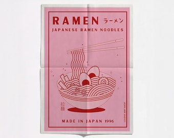 Pink Ramen Noodles Print: Retro Japanese Kitchen Art (Digital Download)