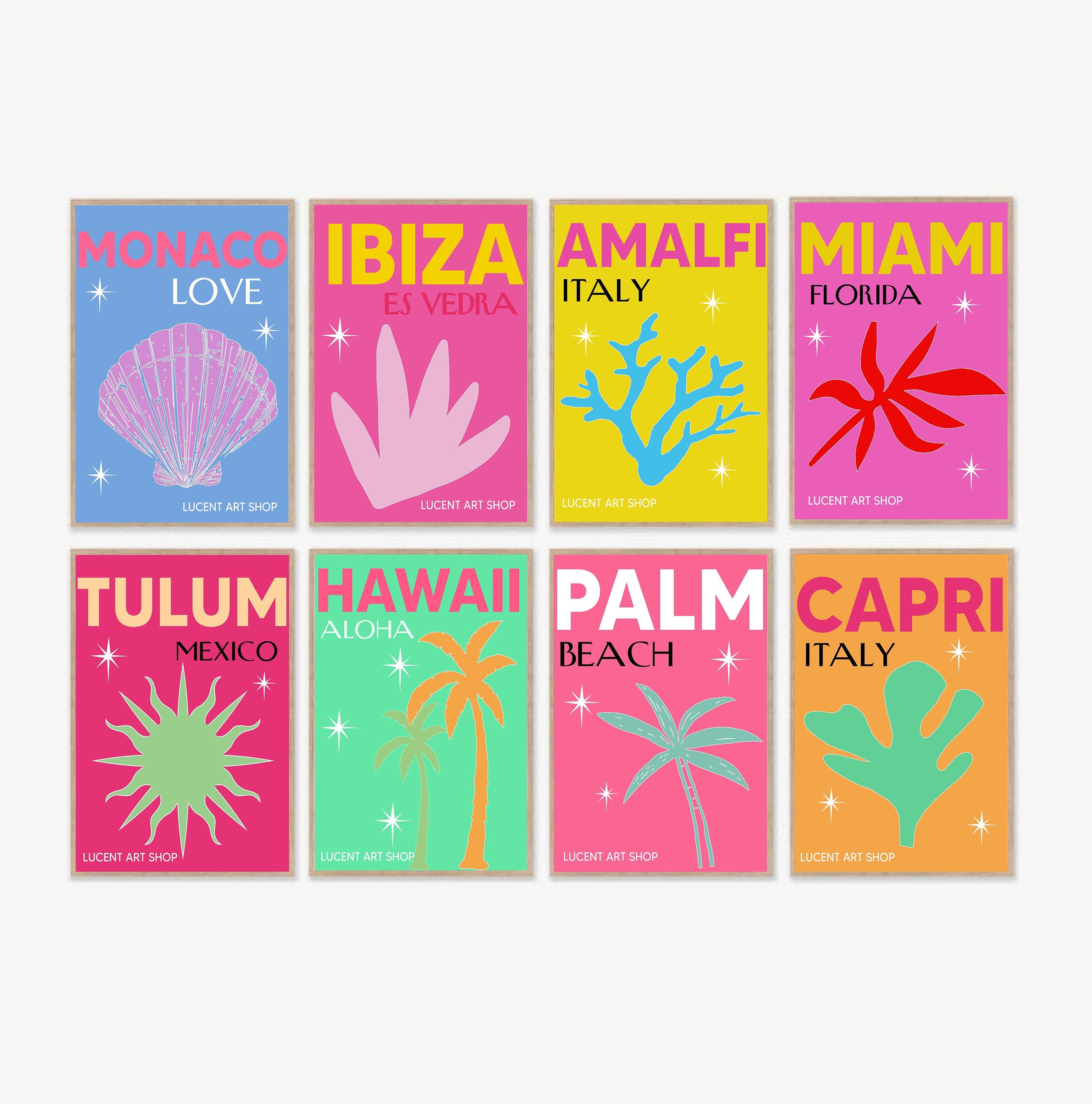 Exhibition Poster Set of 8 Prints-gallery Wall Art-ibiza Hawaii Capri Miami  Palm Tulum Amalfi Monaco printable Wall Art, Digital Download 
