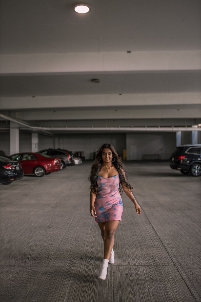 Tie Dye Satin Mini Slip Dress in Bubble Gum