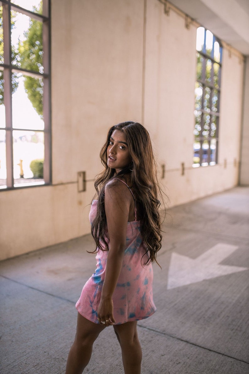 Tie Dye Satin Mini Slip Dress in Bubble Gum