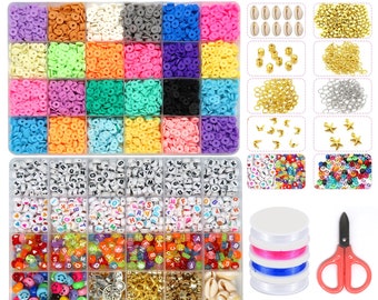 7560pcs Clay Beads for Bracelet Making 24 Colors Flat Round Polymer 6240 Clay Beads 6mm with 1320 accessories letters heart 4 Elastic Rolls
