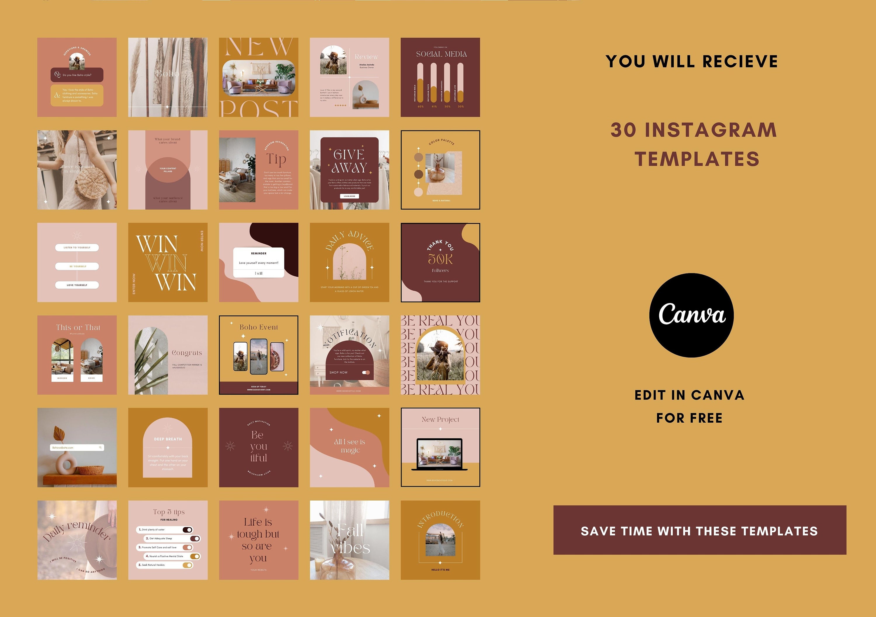 Boho Instagram Post Templates - Boho Templates Social Media - Quotes ...