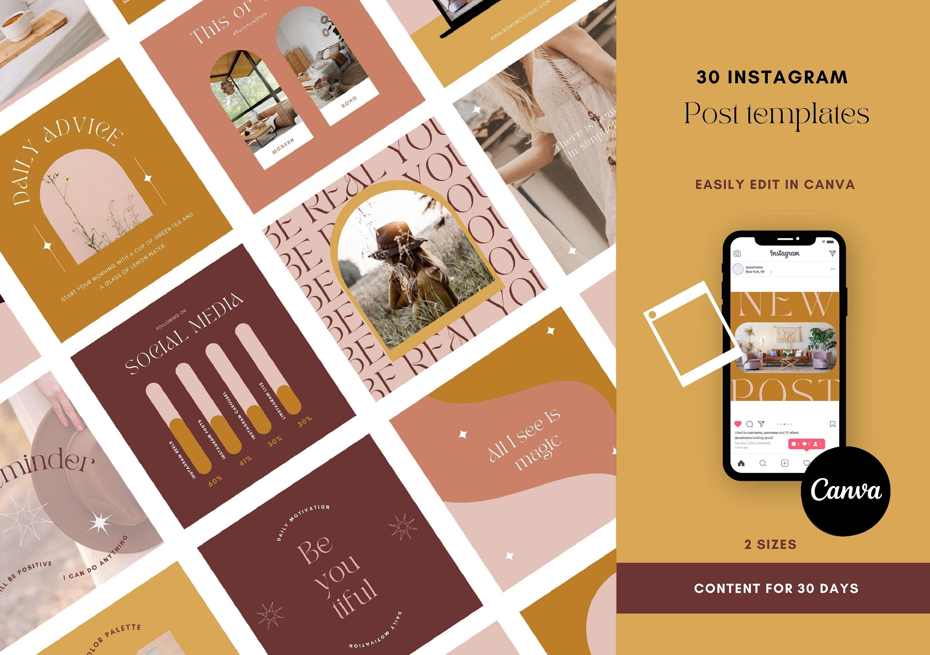 Boho Instagram Post Templates - Boho Templates Social Media - Quotes ...