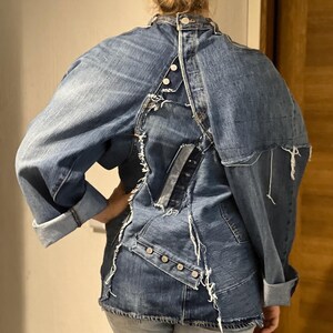 LEVIS Reworked Denim Jeans Jacket, Upcycled Blue Patchwork Blazer Size ...