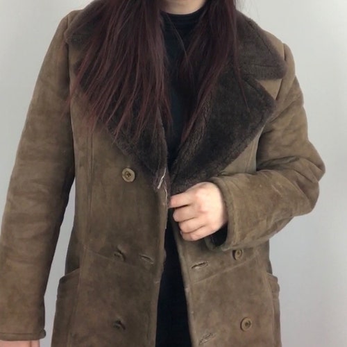 Vintage sheepskin coat brown suede leather winter jacket overcoat shops size m l eu 46 FRIITALA unisex