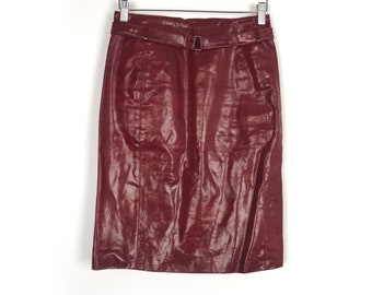 Vintage Burgundy Leather Pencil Skirt: Lined Midi, Size S