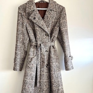 Vintage lined spring coat with belt for women double breasted midi overcoat, pocketed size S - M