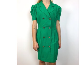 Vintage double breasted green dress for women button up size s ladies clothing collared midi dresses bell sleeves