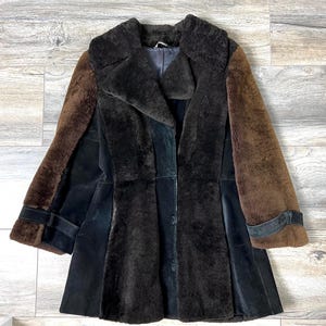 Vintage brown short coat, teddy bear suede leather faux fur patchwork winter jacket for women overcoat size M - L