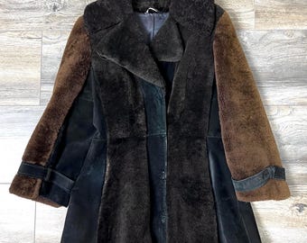Vintage Brown Suede Patchwork Coat: Teddy Bear Faux Fur, Size M-L
