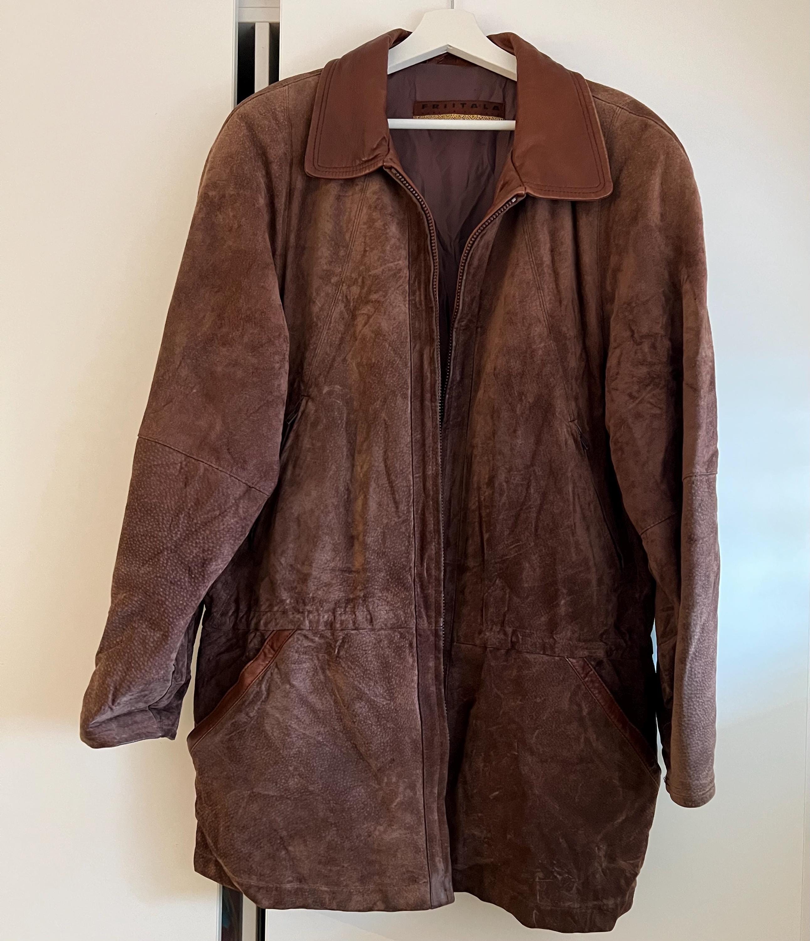 Vintage Brown Suede Leather Jacket - Unisex Overcoat - FRIITALA