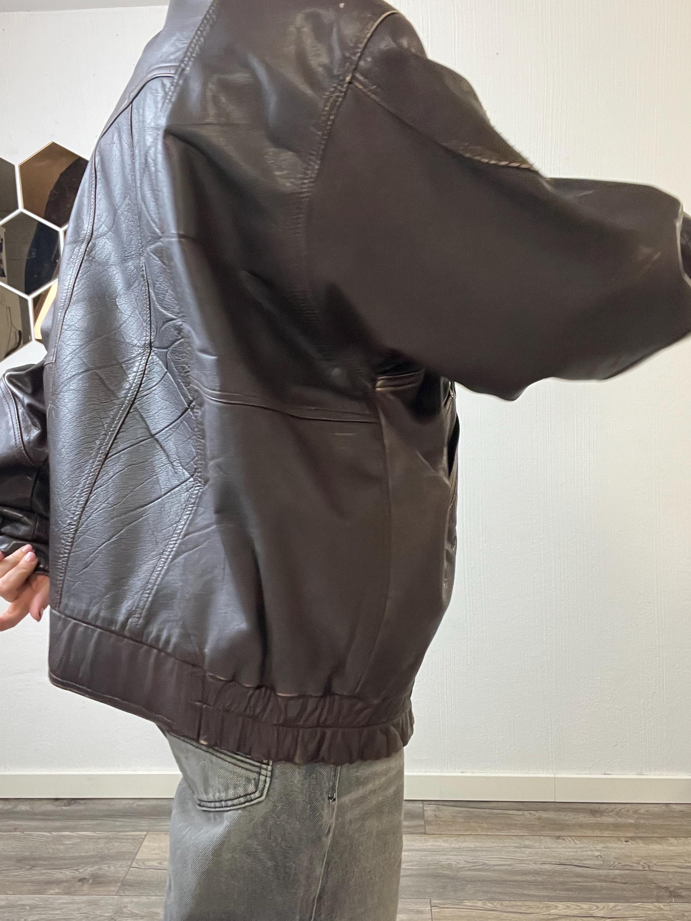 80s Vintage Brown Leather Jacket Oversized Size L - XL, Y2k Bomber 