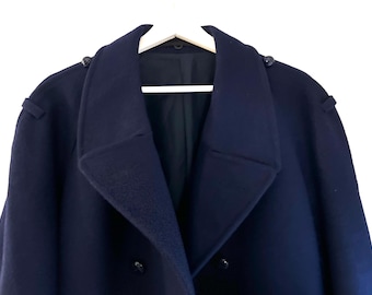 Vintage coat oversized long blue pocketed wool trench overcoat, size XL - 2XL