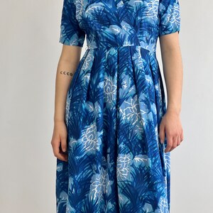 Vintage Floral Cotton Dress: Boussac de Paris Blue Print, Size M