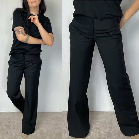 Vintage WHISTLES London Black Low Waisted Pants, Wide Leg Loose Relaxed Fit  Wool Trousers for Women Size Uk 10 Us 6 Eu 38 Medium M 