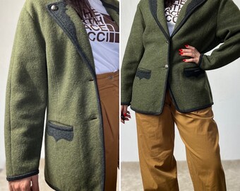 GEIGER vintage green wool cardigan drop shoulder jumper for women, with silver buttons engraved - Fide et fiducia, clothing for women size L