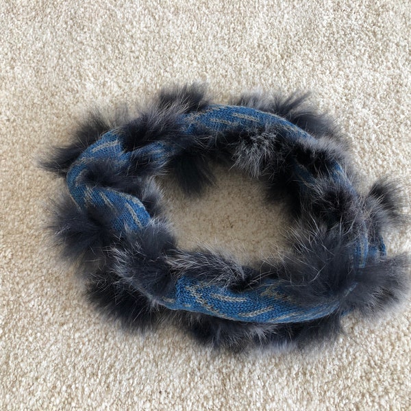 Vintage knitted fur wool circle neck scarf for women, handmade round scarves, blue grey black shawl