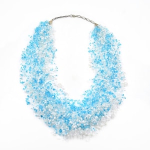 Long necklace for women, blue white multistrand boho hippie rare chunky jewelry