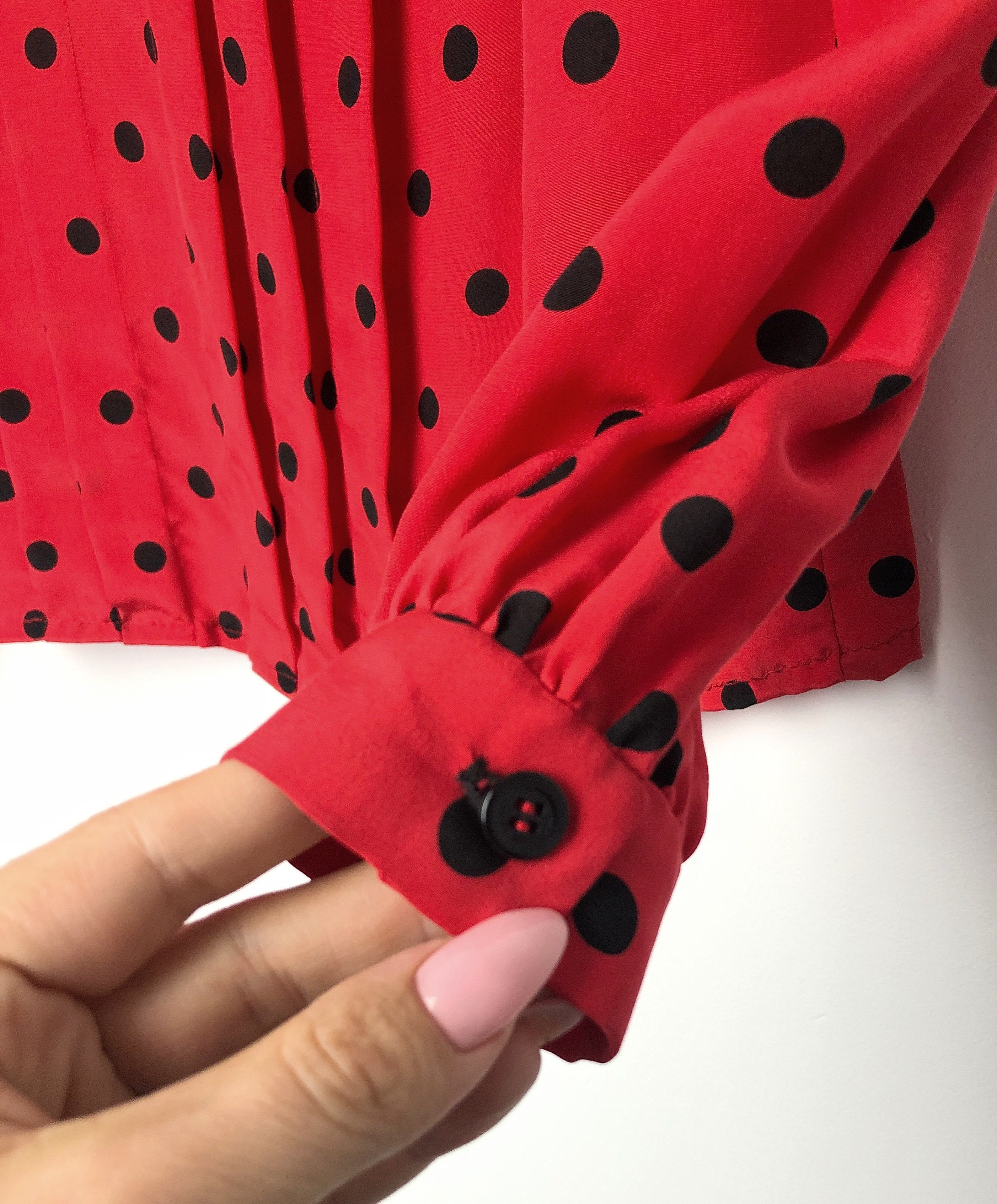 vntgfiesta Vintage Red Black Polka Dot Blouse Top Shirt for Women Long Sleeves Handmade, Size S