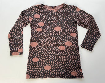 MARIMEKKO vintage shirt for girl long sleeve tunic chocolate brown black circles print blouse size 130 cm