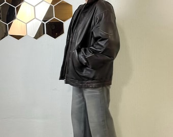 80s Vintage Brown Leather Jacket Oversized Size L - XL, Y2k Bomber