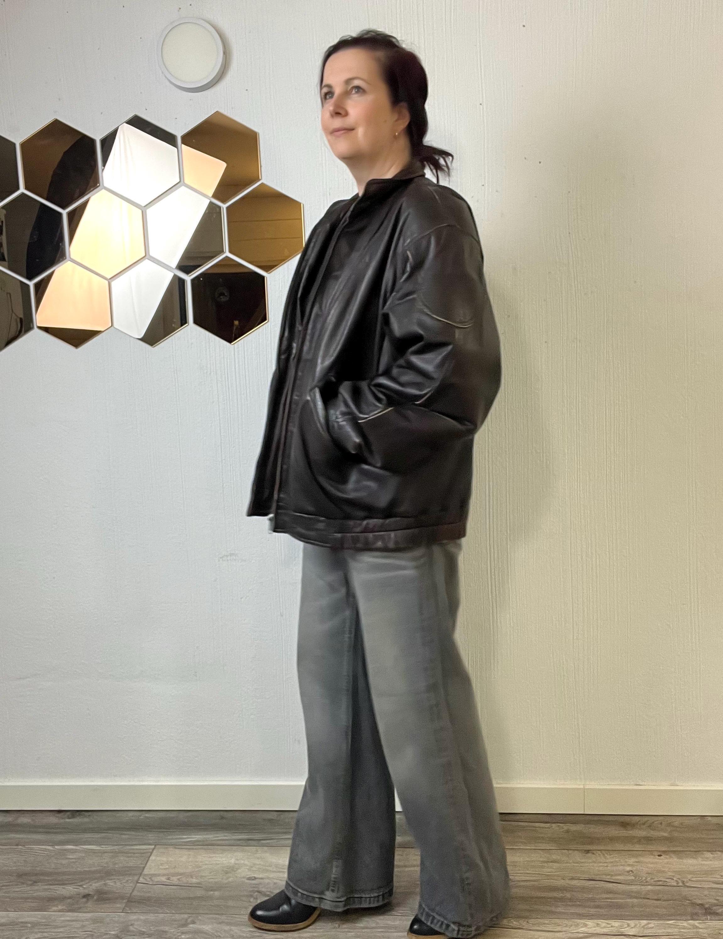 80s Vintage Brown Leather Jacket Oversized Size L - XL, Y2k Bomber
