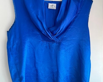 Blusa sedosa azul real francesa vintage, top de camisa sin mangas para mujer, talla única M