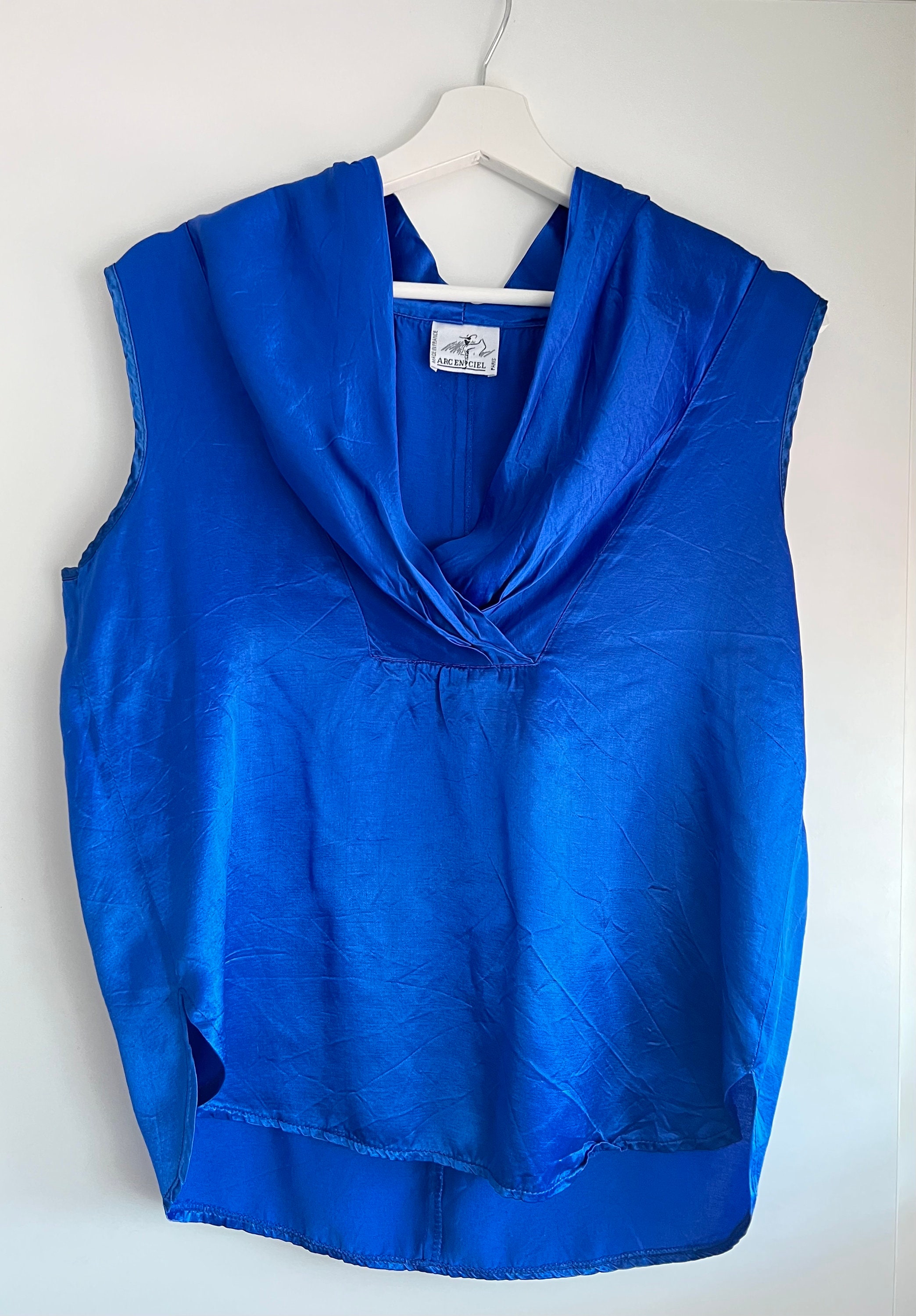 Vintage French royal blue silky blouse, sleevless shirt top for women, one size M