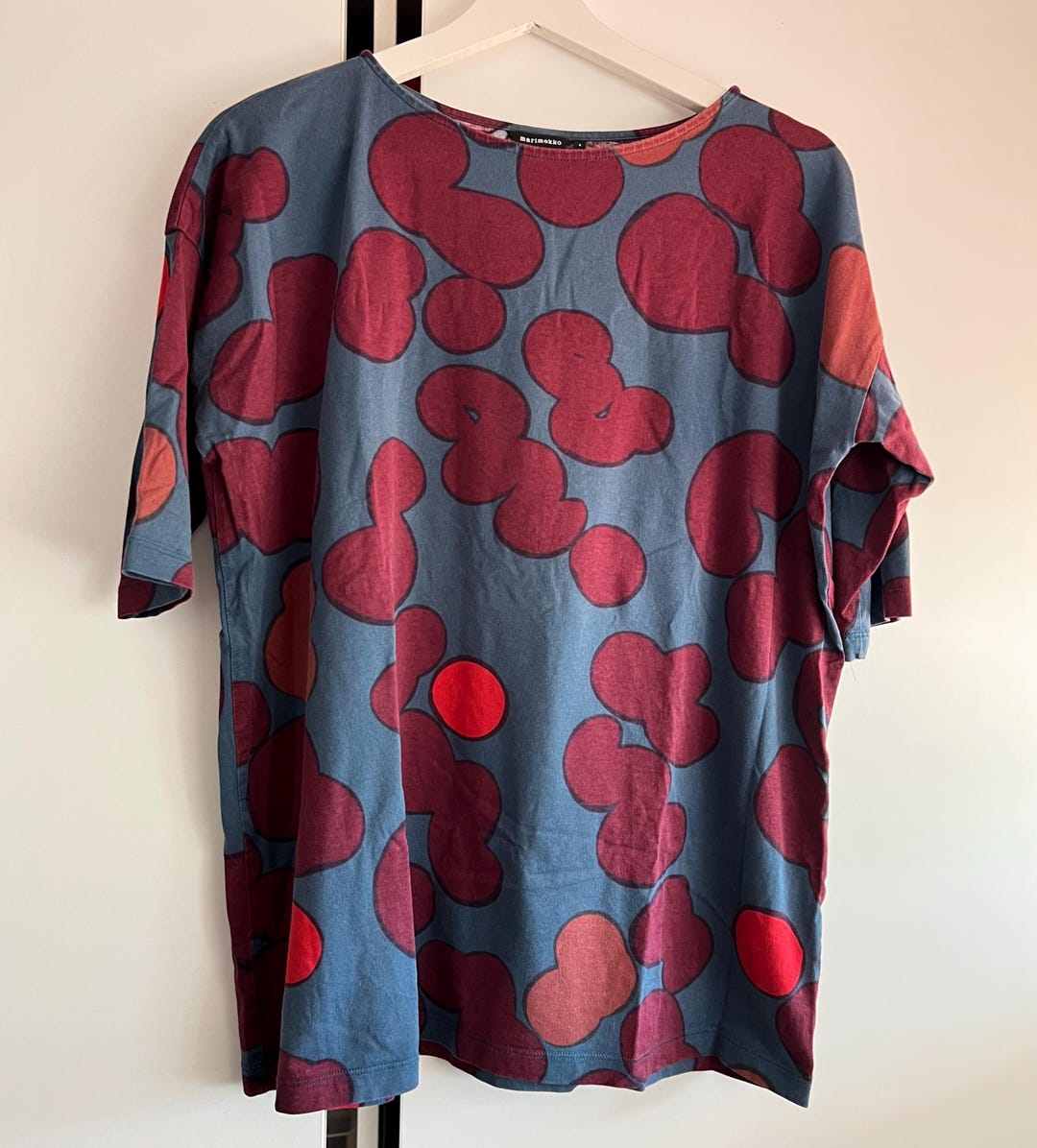 MARIMEKKO Vintage Top Blue Red Geometric Print Blouse for