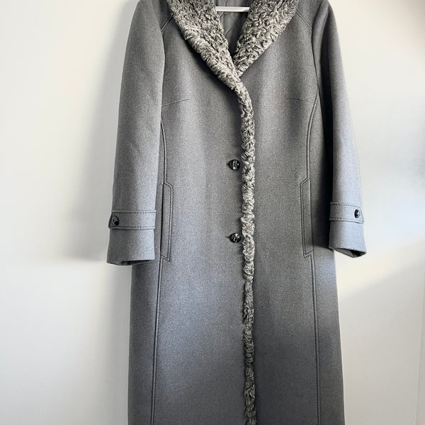 Manteau vintage Lacoda, col karakul, pardessus gris élégant en laine mi-mollet droit pour femme taille L