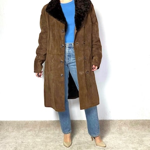 Vintage sheepskin coat, chocolate brown suede leather winter jacket, unisex, for women, for men overcoat size XL, eu 54
