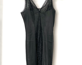 Vintage black slip silky lace night gown midi nightwear for women size small medium s/m