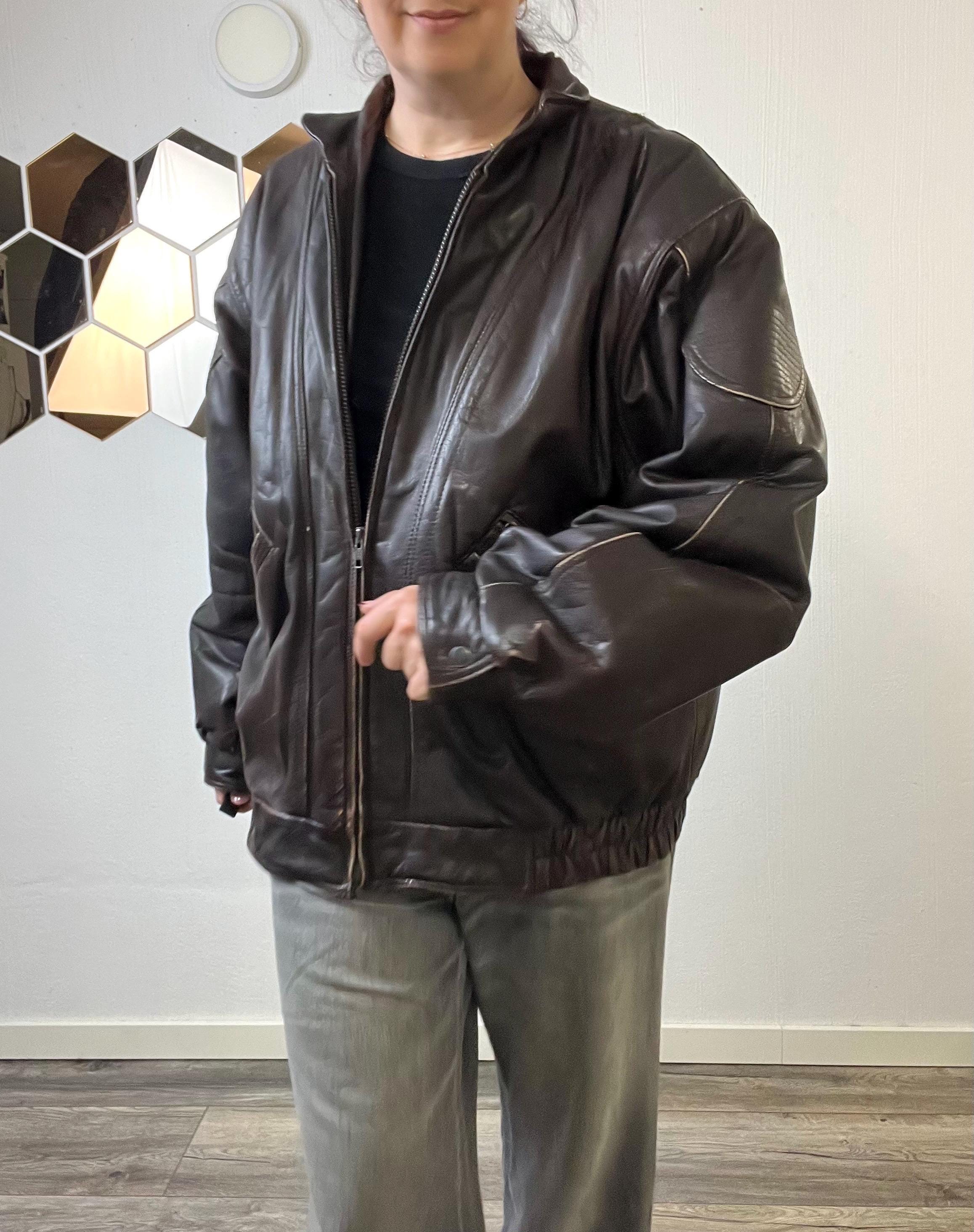 ジャケット・アウター 80s vintage leather bomber jacket y2k 80s Vintage Brown Leather Jacket Oversized Size L - XL, Y2k Bomber