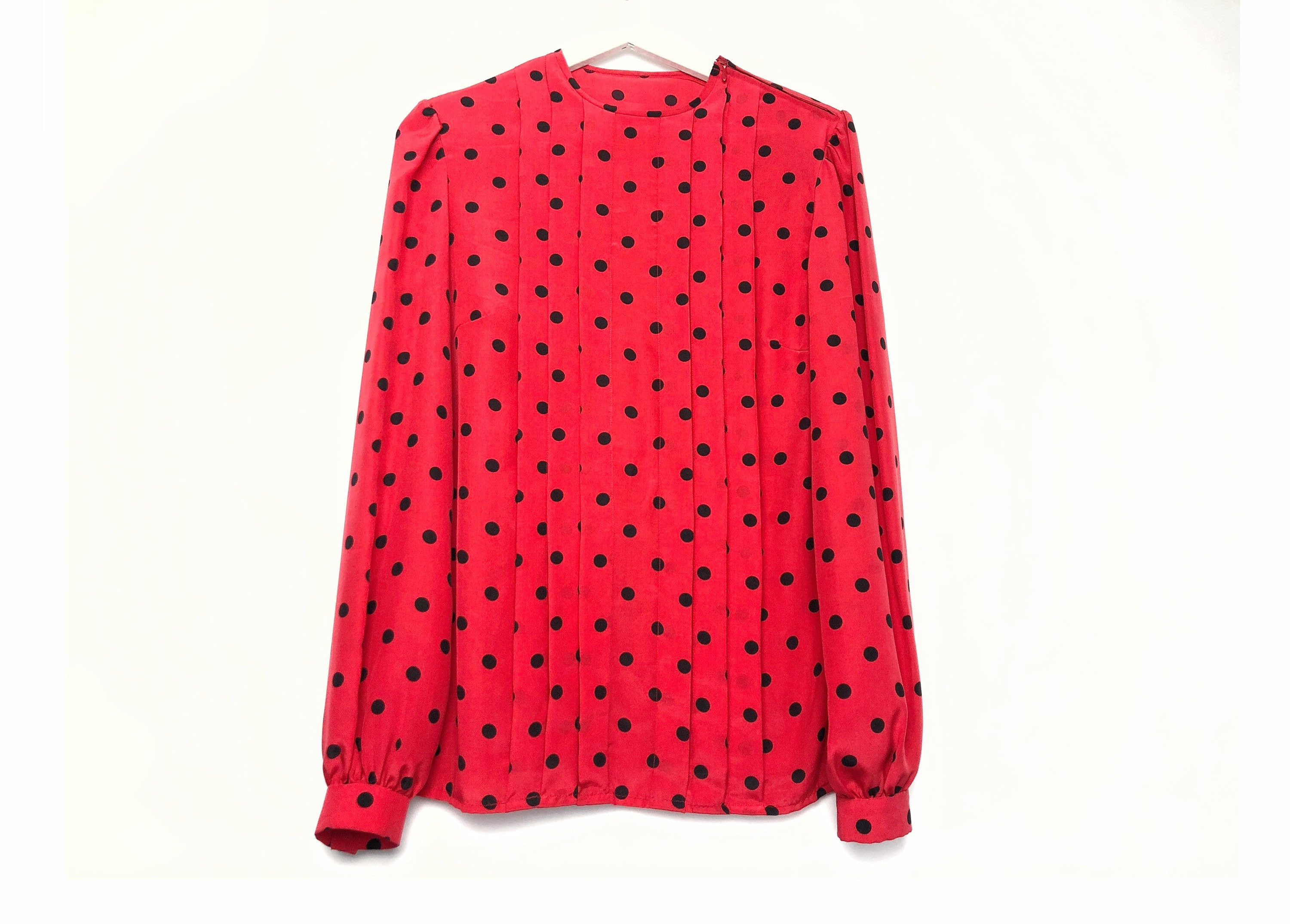 vntgfiesta Vintage Red Black Polka Dot Blouse Top Shirt for Women Long Sleeves Handmade, Size S