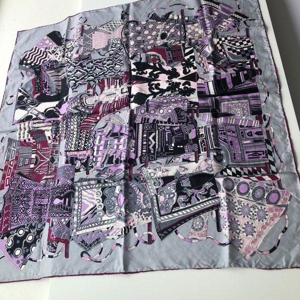 Vintage silk scarf for women grey purple pink white black abstract print kerchief square scarves