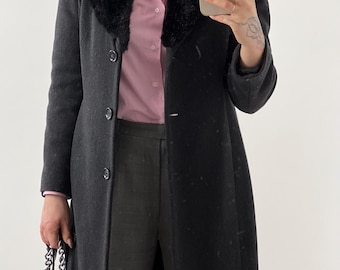 Vintage black coat, fake fur collar, wool midi overcoat for women, size M