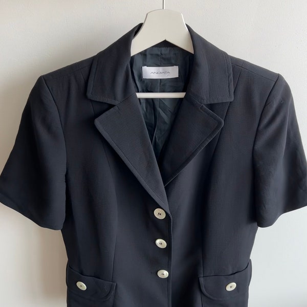 blazer vintage veste droite en laine mélangée de viscose pour femme, boutons en nacre, manches courtes, noir, doublé, avec poche taille s m