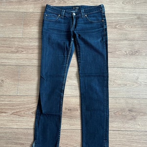 ARMANI Jeans vintage blue denim pants, low waist, regular fit indigo series 009 zip up stretchy, slits at the bottom trousers, waist 31 1/2”