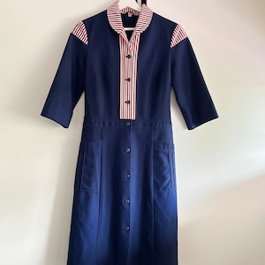 Swedish vintage dress button up pocketed navy dark blue below the knee size m medium