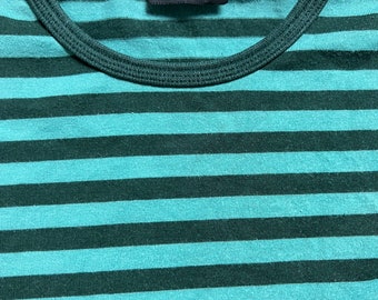 MARIMEKKO vintage striped shirt leggings set, size up to 120 cm, tasaraita design, short sleeves for girl, for boy 6 years, greenish blueish