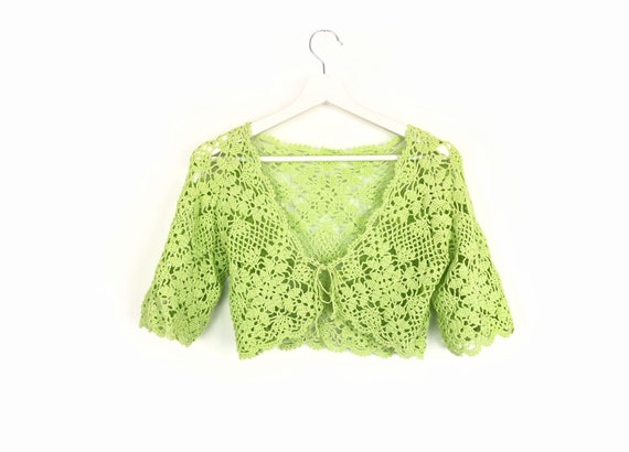 Vintage lace bolero lime green crochet crop top, … - image 1