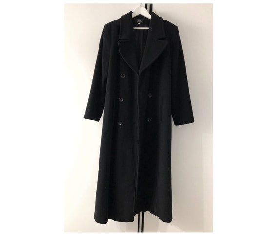 Vintage oversized long black pocketed wool trench