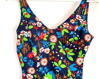 Vintage swimsuit, Yugoslavia womens swimwear, floral onepiece size L - XL