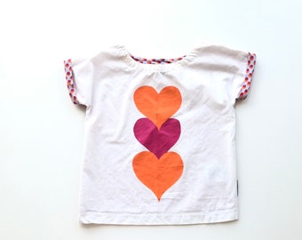 MARIMEKKO vintage t shirt for girl short sleeve white top, 2 years, orange pink hearts print blouse size 92 cm