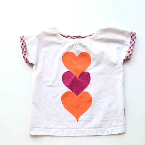 MARIMEKKO vintage t shirt for girl short sleeve white top, 2 years, orange pink hearts print blouse size 92 cm