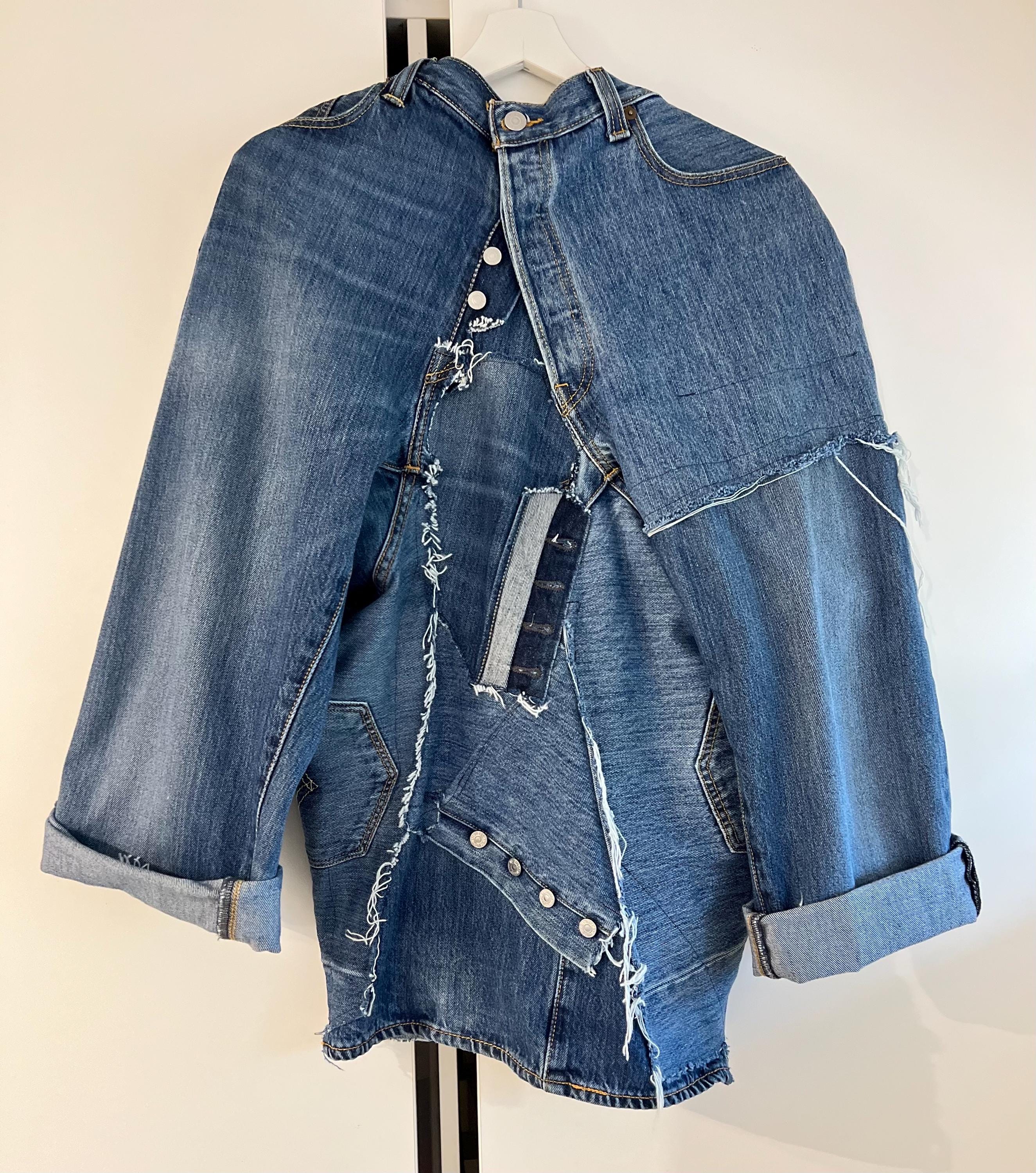 LEVIS Reworked Denim Jeans Jacket, Upcycled Blue Patchwork Blazer Size ...